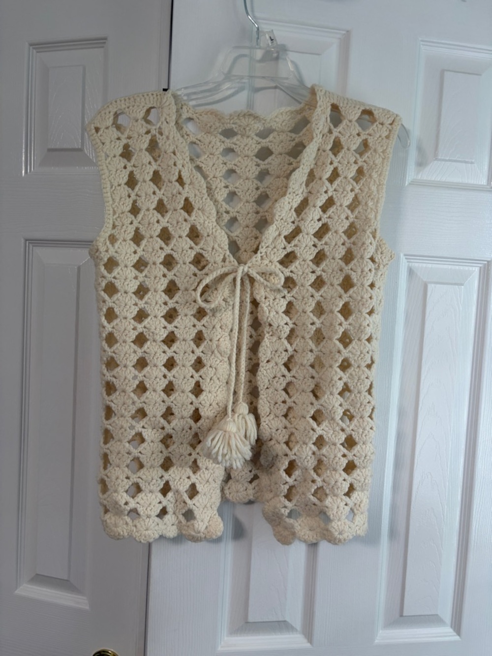 Handmade Crochet Vest in Cream with Tassel Tie